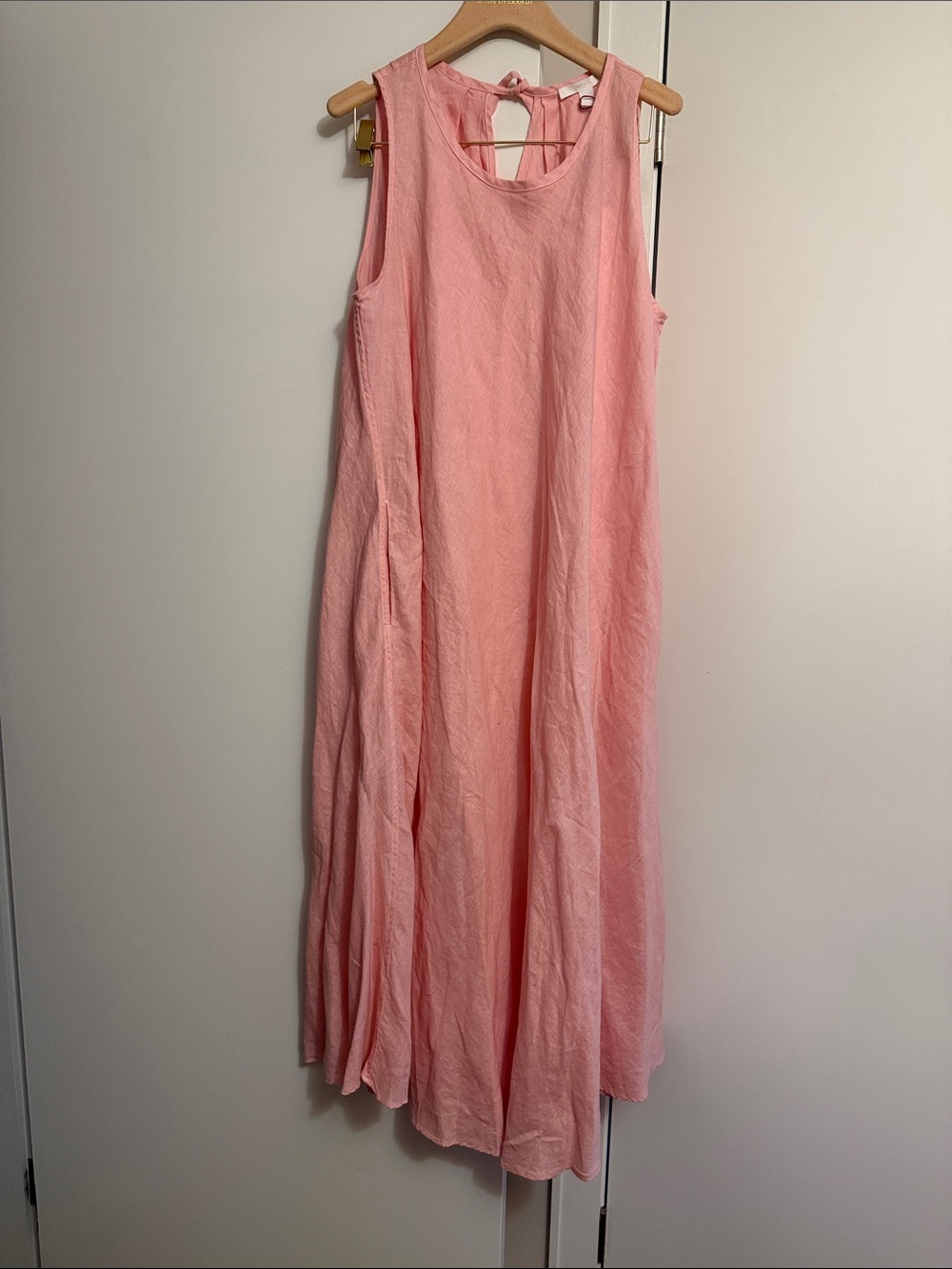 Hugo Boss Relaxed linen Soft Pink Sleeveless Maxi Dress Pockets Back Tie size 10